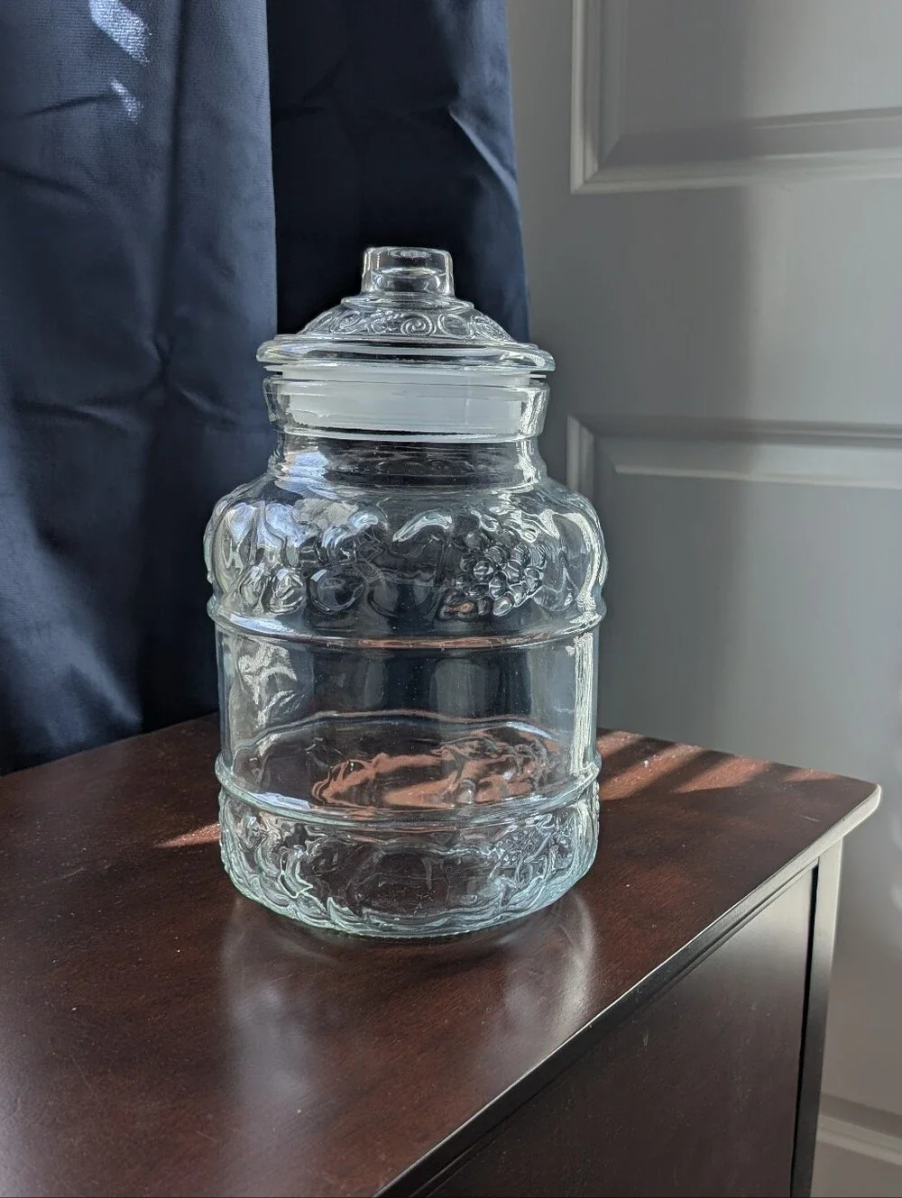 Vintage 1980s KIG Indonesia Clear Glass Storage Jar with Lid 11.5 Inches Fruit